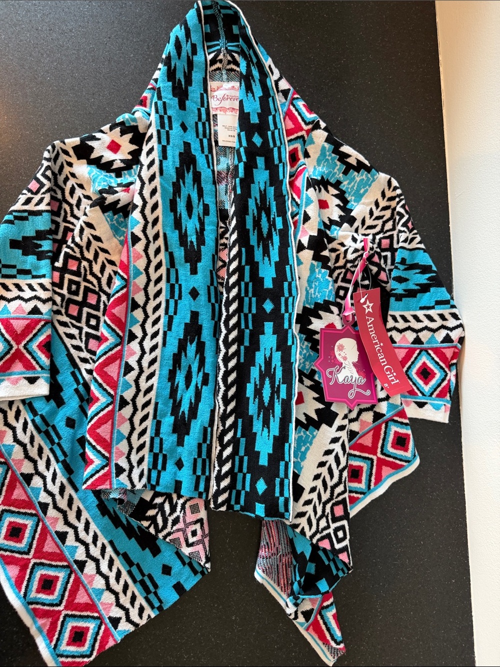 American Girl Aztec Hooded Poncho in Turquoise, Pink & Black